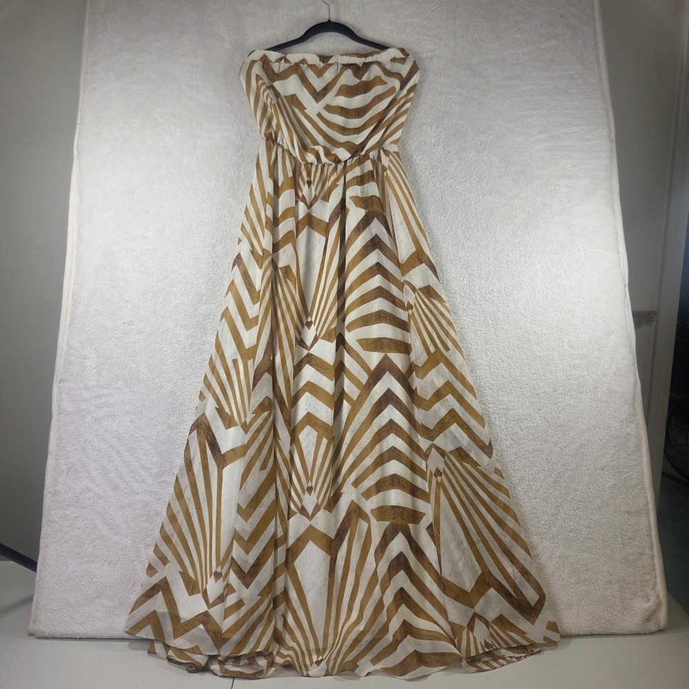Tan White Geometric Chevron Strapless Maxi Dress Boho Beach Resortwear Sundress